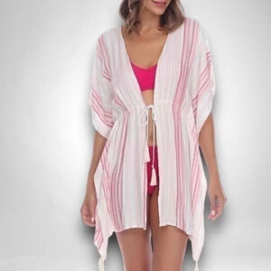 Raviya Women's Striped Tassel Trim Cover Up Dress Swimsuit Pink Size MEDIUM